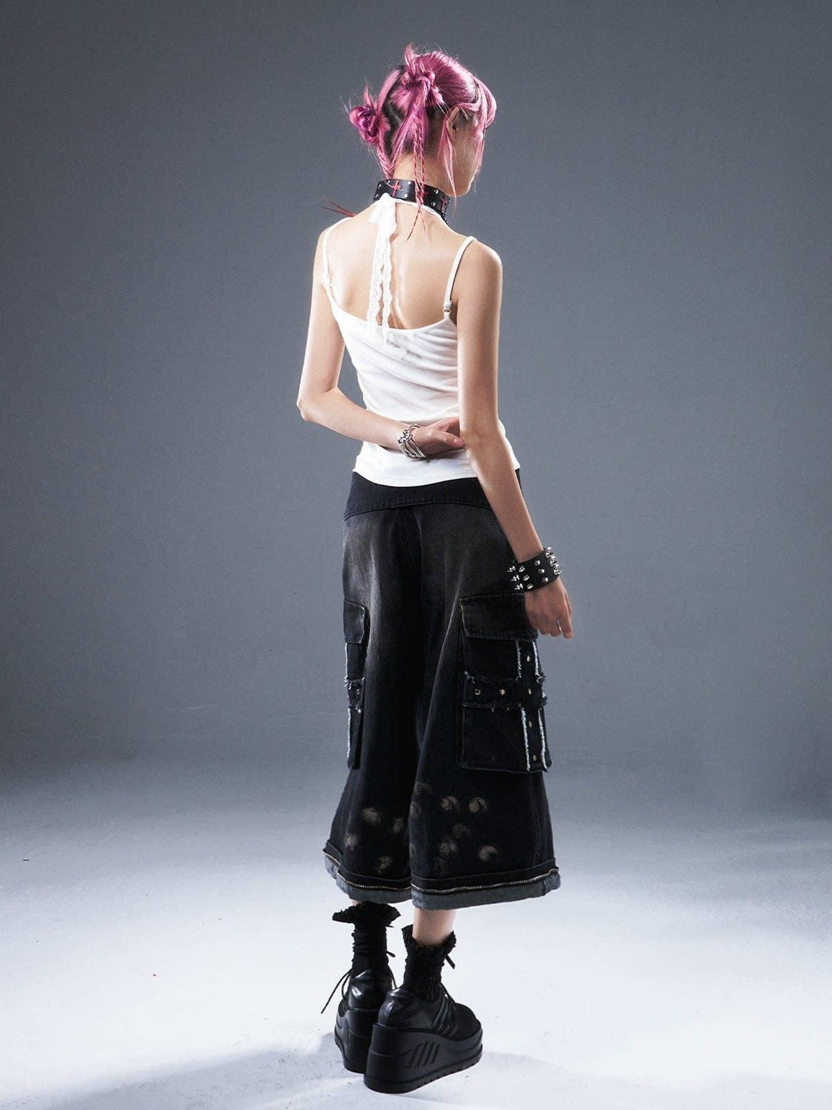 Frustration Garden Distressed Natural Waist Loose Casual Dark Wash Denim Wide-Leg Jeans