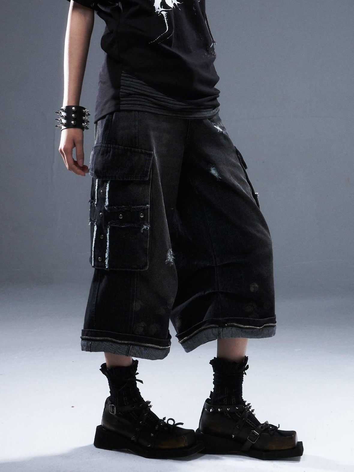 Frustration Garden Distressed Natural Waist Loose Casual Dark Wash Denim Wide-Leg Jeans