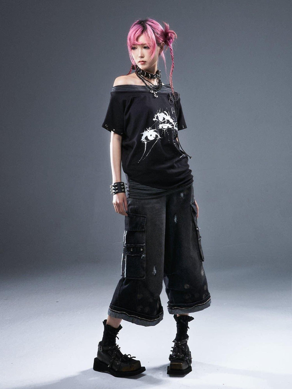 Frustration Garden Distressed Natural Waist Loose Casual Dark Wash Denim Wide-Leg Jeans