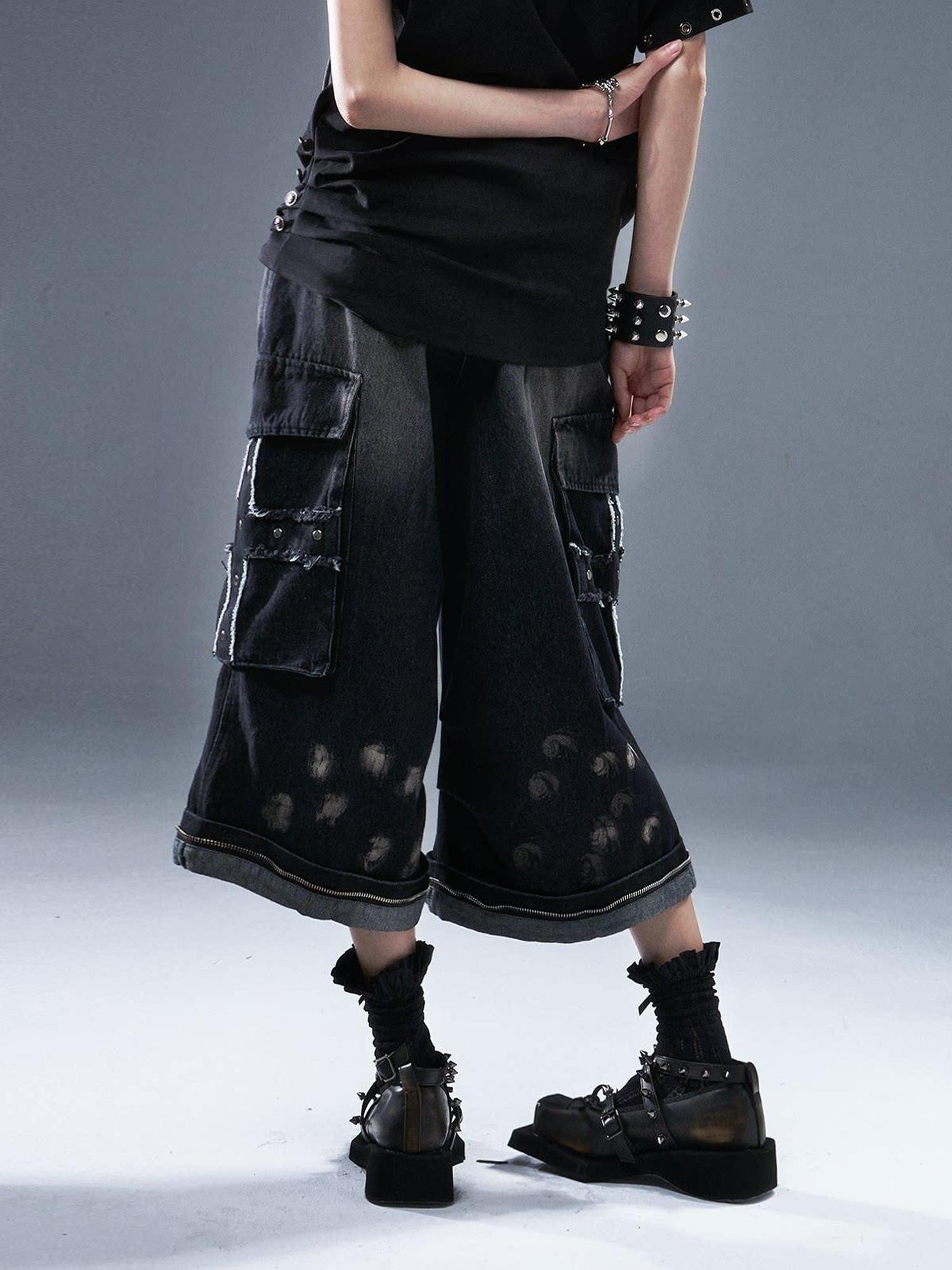Frustration Garden Distressed Natural Waist Loose Casual Dark Wash Denim Wide-Leg Jeans