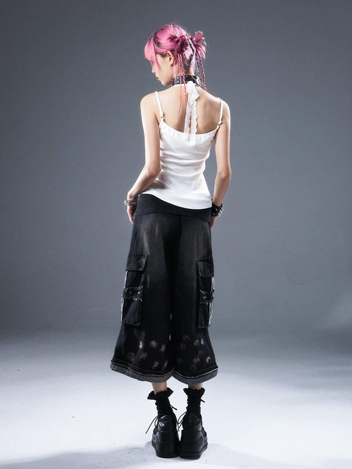 Frustration Garden Distressed Natural Waist Loose Casual Dark Wash Denim Wide-Leg Jeans