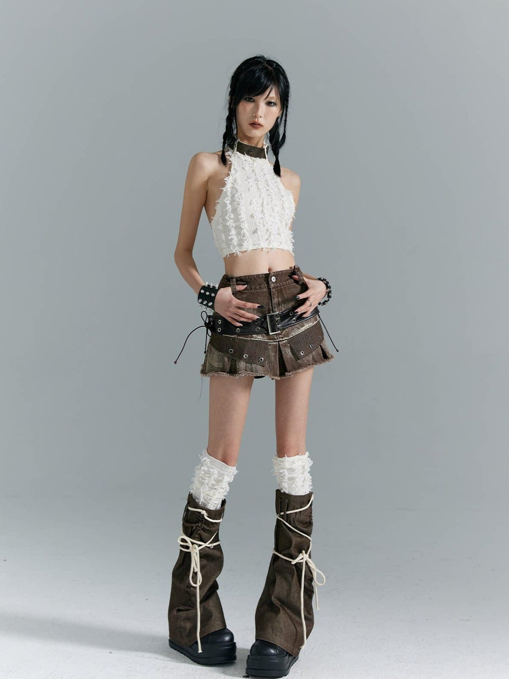 Frustration Garden Distressed Patchwork Lace Up 3D Trim Punk A Line Mid Rise Denim Women Mini Skirts