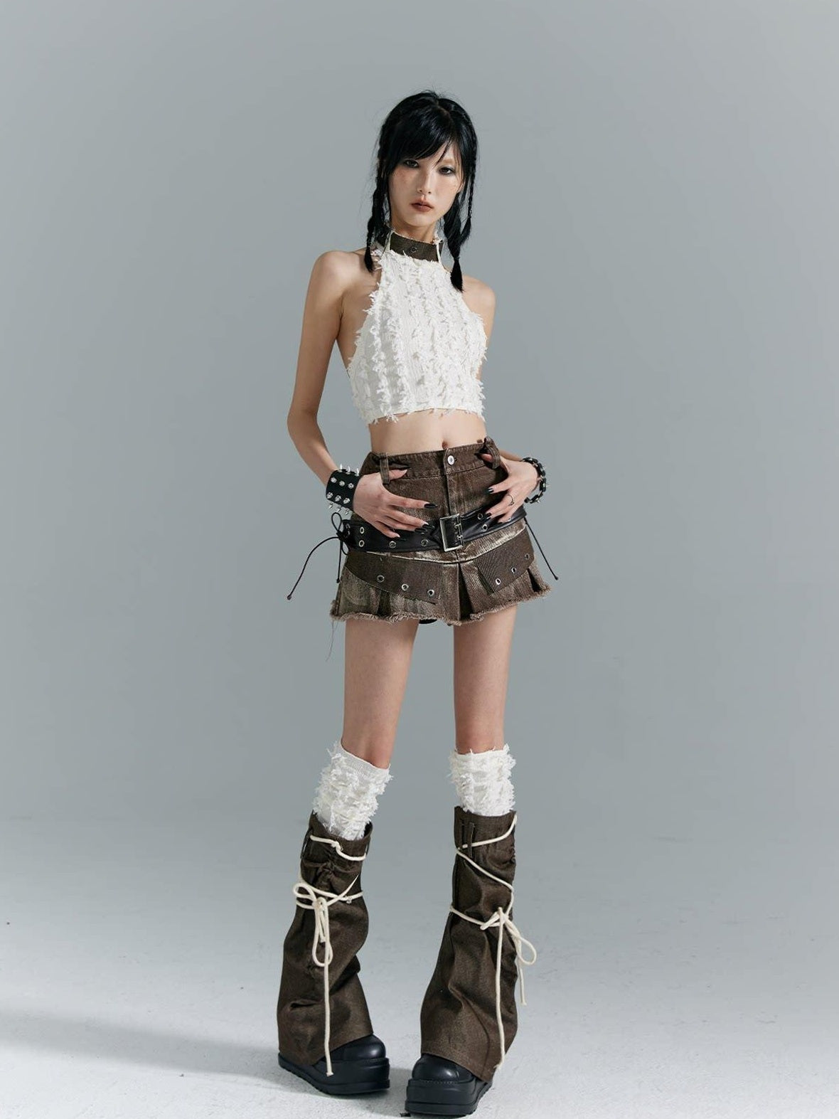 Frustration Garden Distressed Patchwork Lace Up 3D Trim Punk A Line Mid Rise Denim Women Mini Skirts
