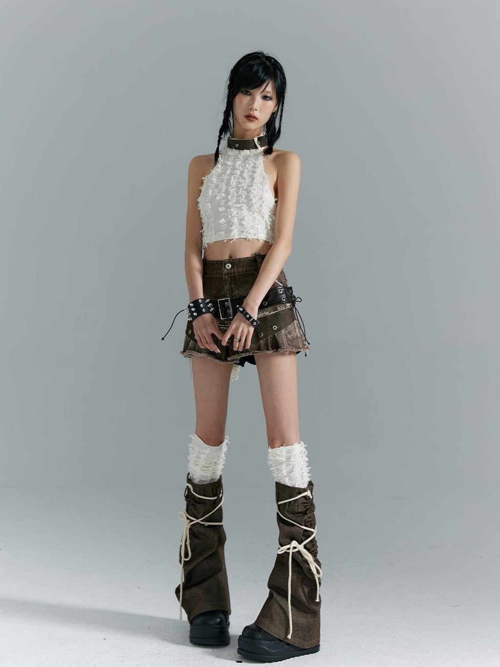 Frustration Garden Distressed Patchwork Lace Up 3D Trim Punk A Line Mid Rise Denim Women Mini Skirts