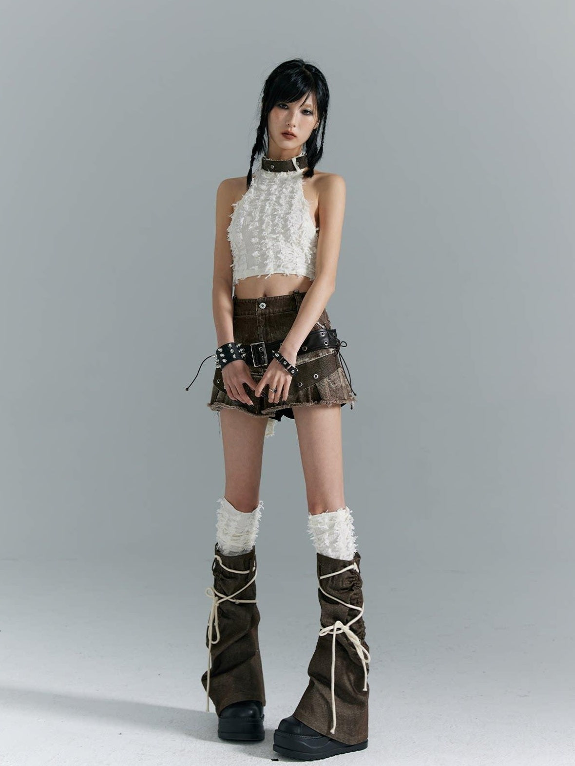 Frustration Garden Distressed Patchwork Lace Up 3D Trim Punk A Line Mid Rise Denim Women Mini Skirts