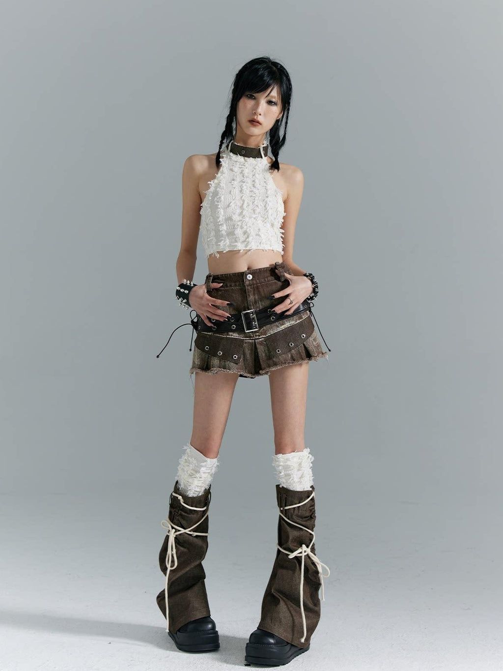 Frustration Garden Distressed Patchwork Lace Up 3D Trim Punk A Line Mid Rise Denim Women Mini Skirts