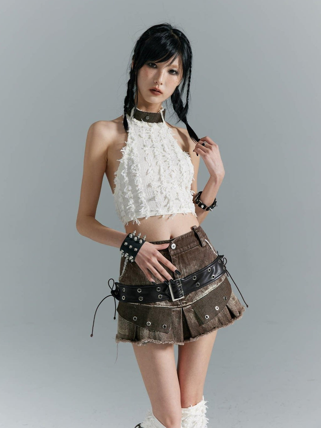 Frustration Garden Distressed Patchwork Lace Up 3D Trim Punk A Line Mid Rise Denim Women Mini Skirts