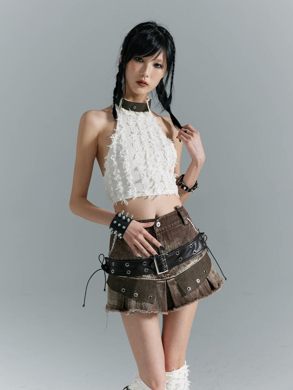 Frustration Garden Distressed Patchwork Lace Up 3D Trim Punk A Line Mid Rise Denim Women Mini Skirts