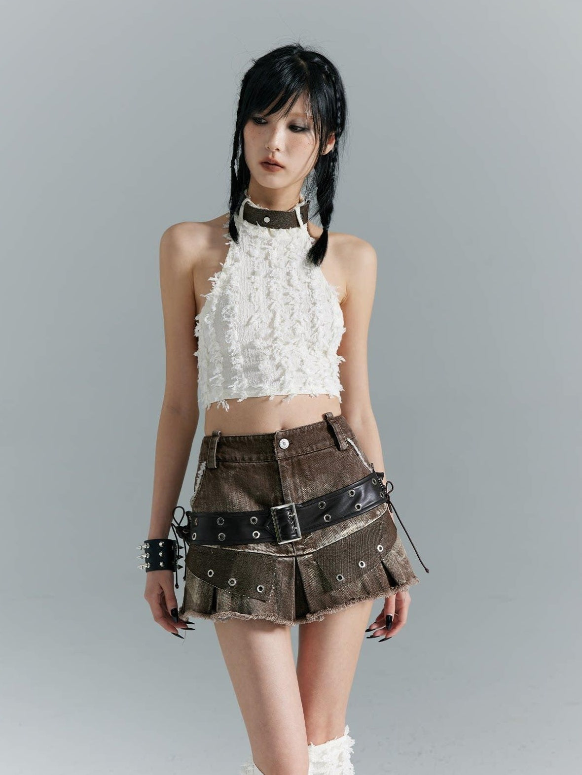 Frustration Garden Distressed Patchwork Lace Up 3D Trim Punk A Line Mid Rise Denim Women Mini Skirts