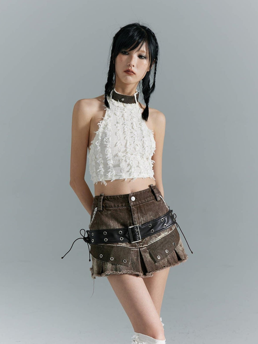 Frustration Garden Distressed Patchwork Lace Up 3D Trim Punk A Line Mid Rise Denim Women Mini Skirts