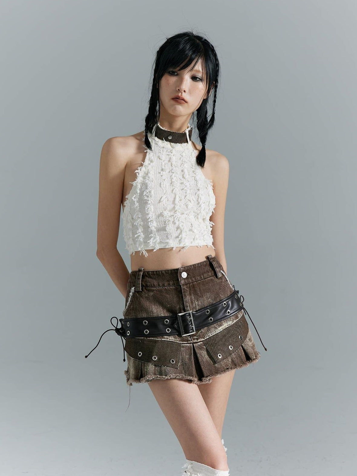 Frustration Garden Distressed Patchwork Lace Up 3D Trim Punk A Line Mid Rise Denim Women Mini Skirts