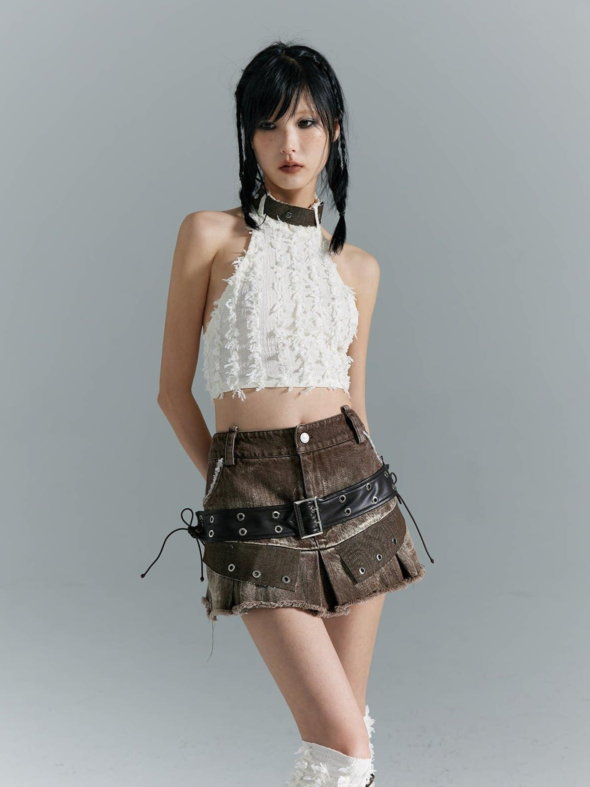 Frustration Garden Distressed Patchwork Lace Up 3D Trim Punk A Line Mid Rise Denim Women Mini Skirts