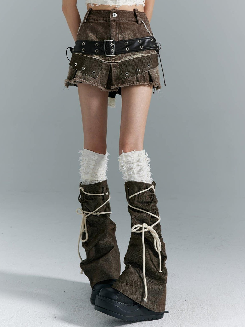 Frustration Garden Distressed Patchwork Lace Up 3D Trim Punk A Line Mid Rise Denim Women Mini Skirts