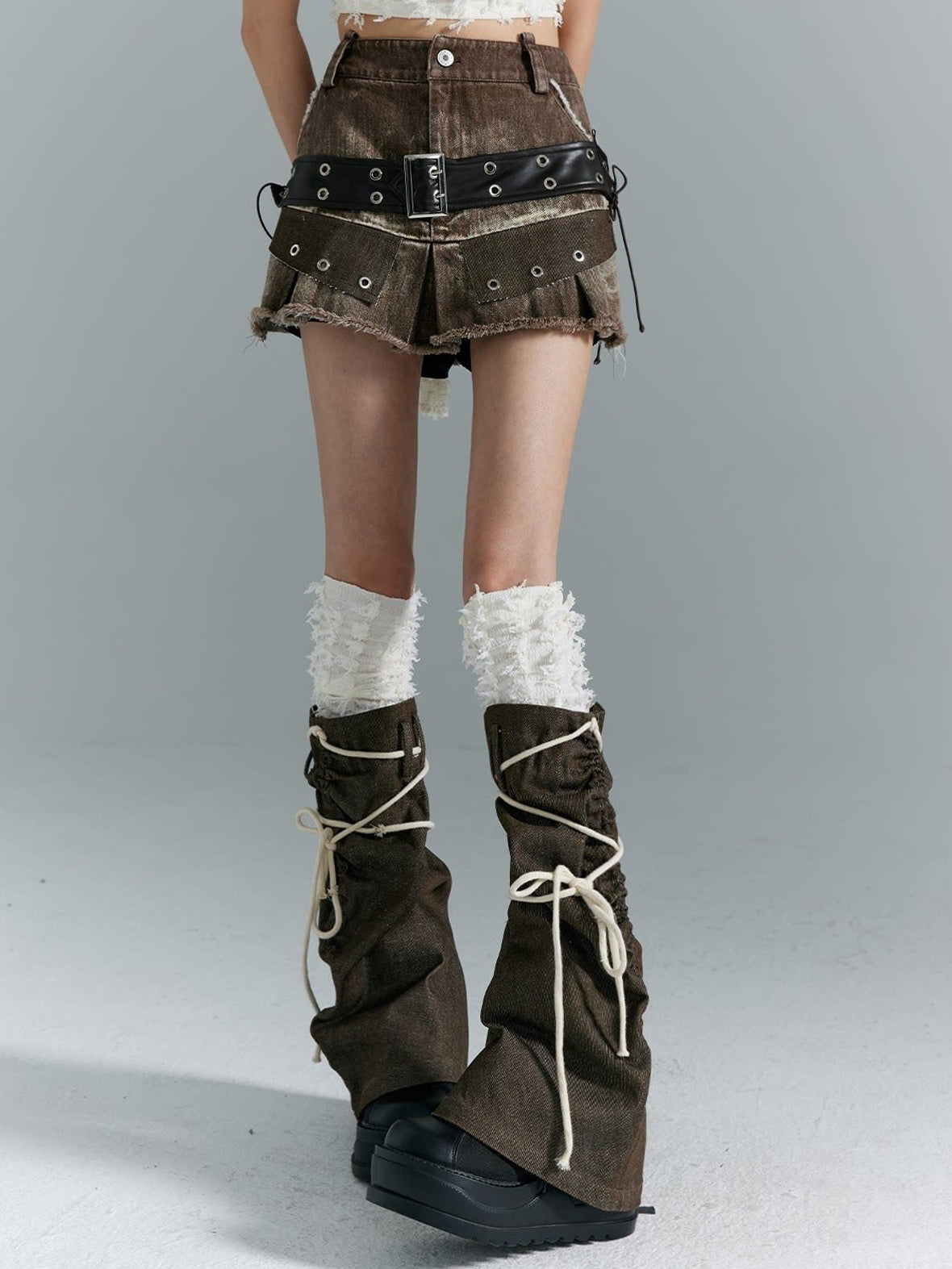 Frustration Garden Distressed Patchwork Lace Up 3D Trim Punk A Line Mid Rise Denim Women Mini Skirts
