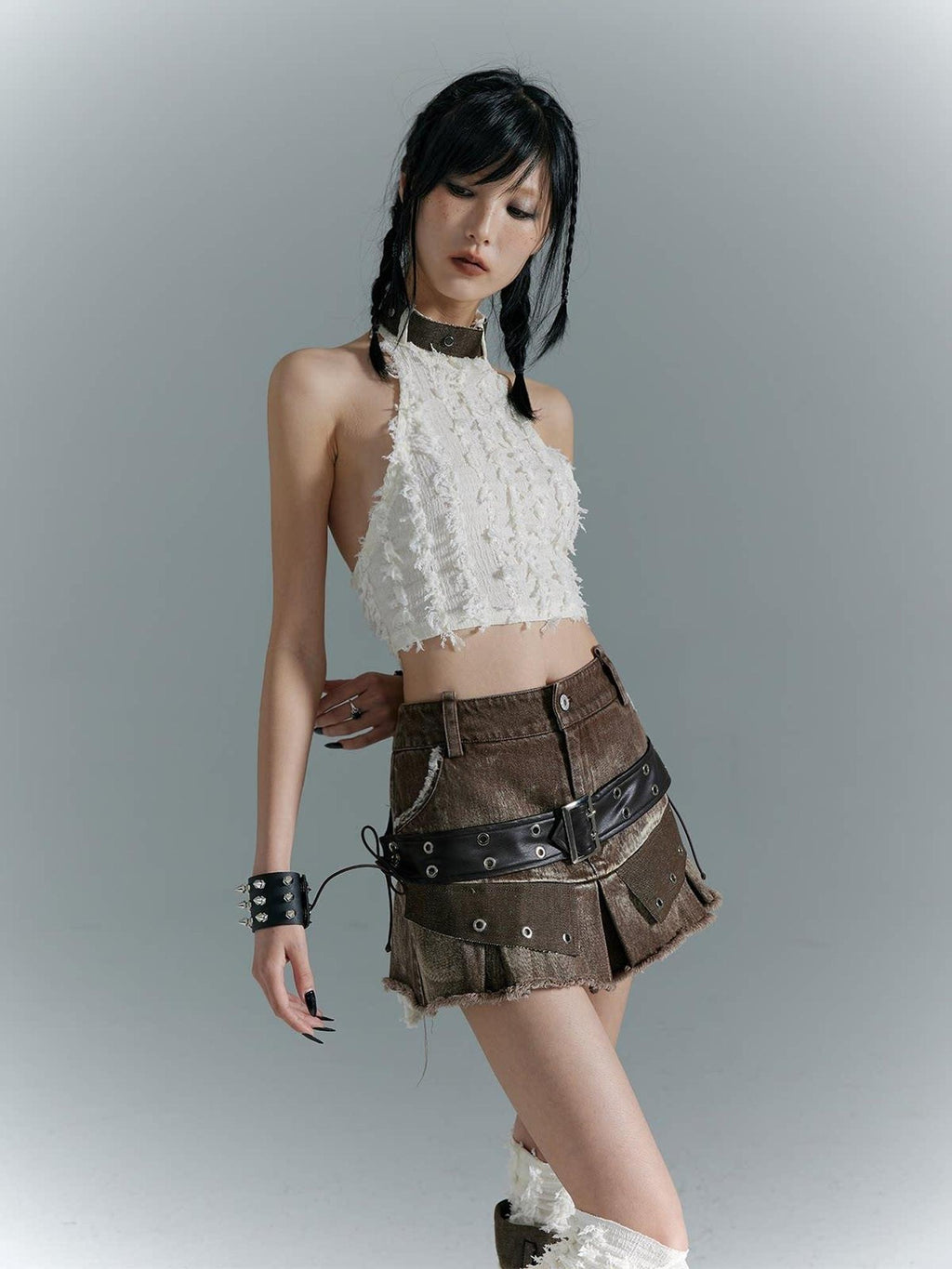 Frustration Garden Distressed Patchwork Lace Up 3D Trim Punk A Line Mid Rise Denim Women Mini Skirts