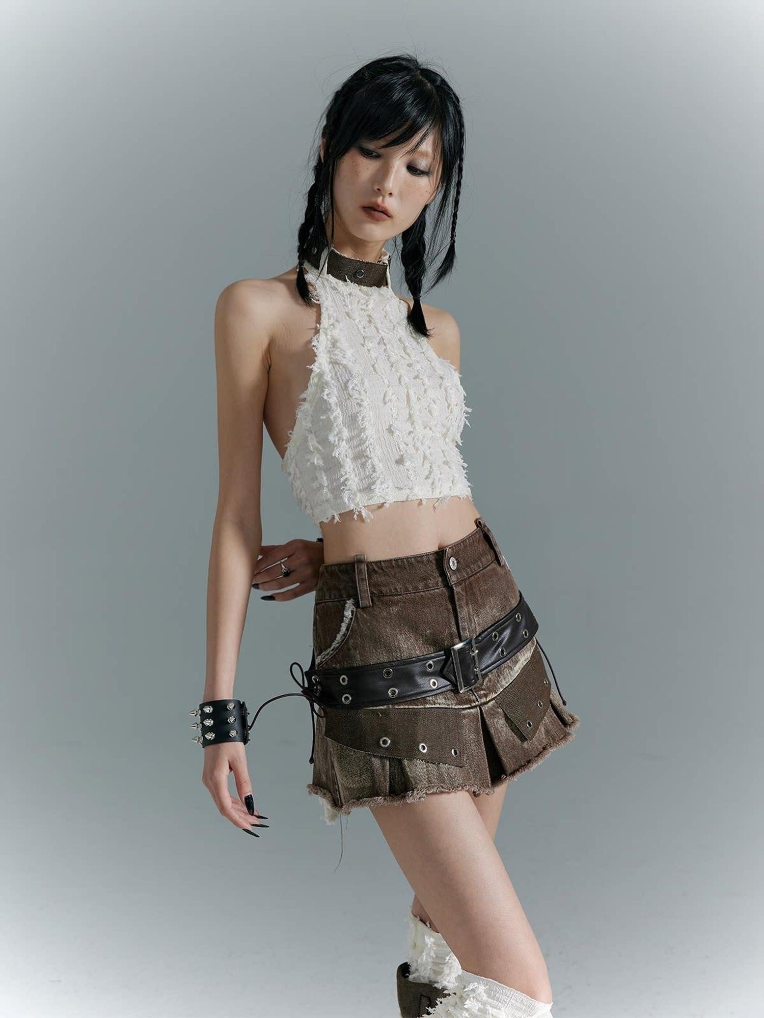 Frustration Garden Distressed Patchwork Lace Up 3D Trim Punk A Line Mid Rise Denim Women Mini Skirts
