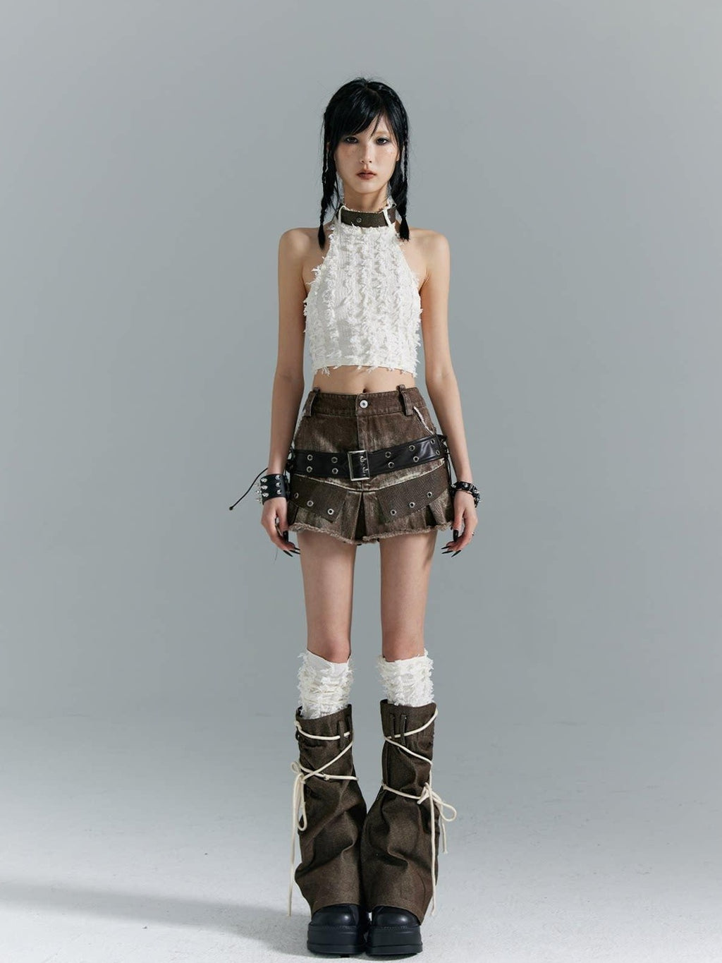 Frustration Garden Distressed Patchwork Lace Up 3D Trim Punk A Line Mid Rise Denim Women Mini Skirts