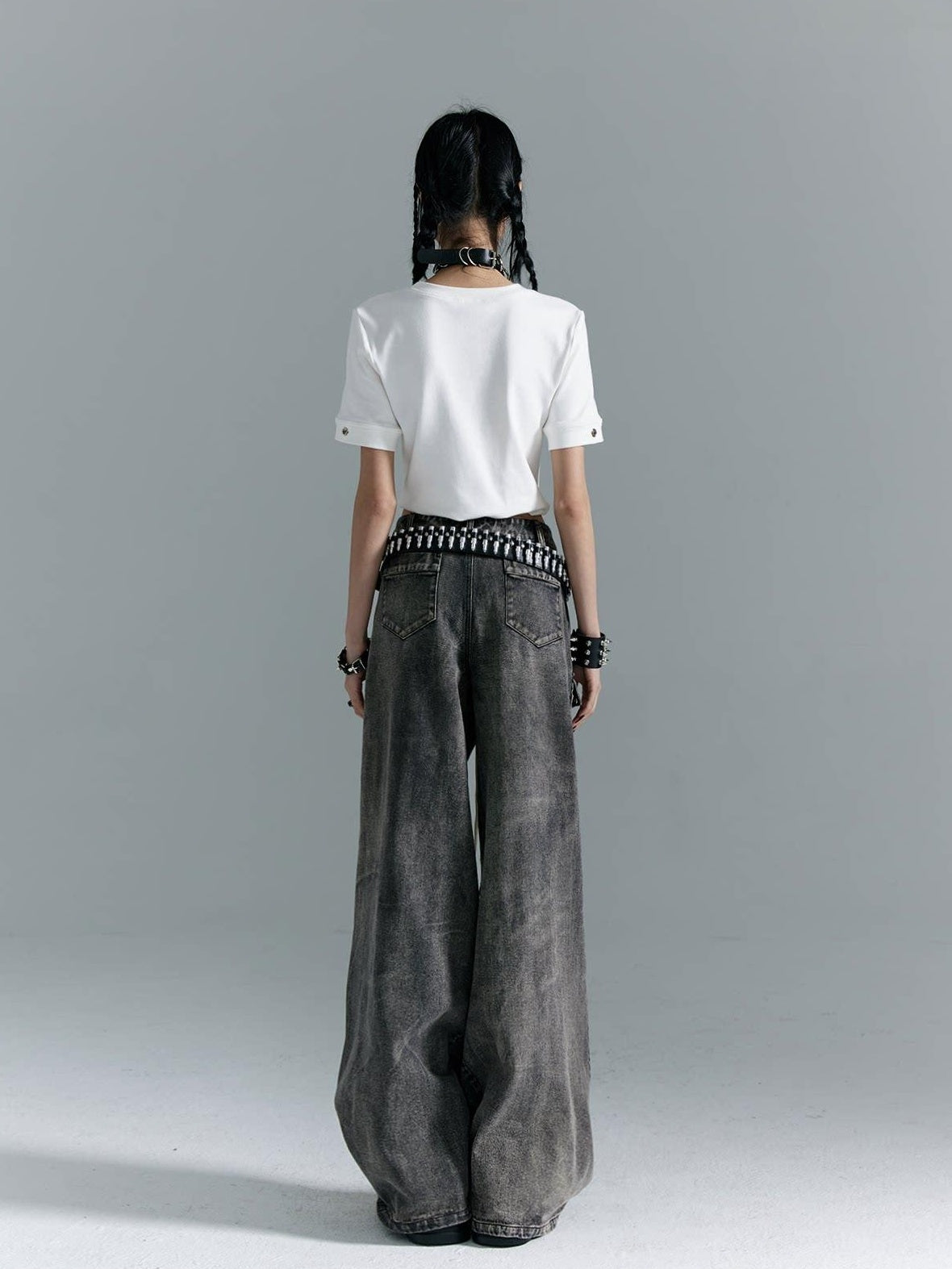 Frustration Garden Distressed Punk Low Rise Loose Fit Women Gray Denim Wide-Leg Jeans