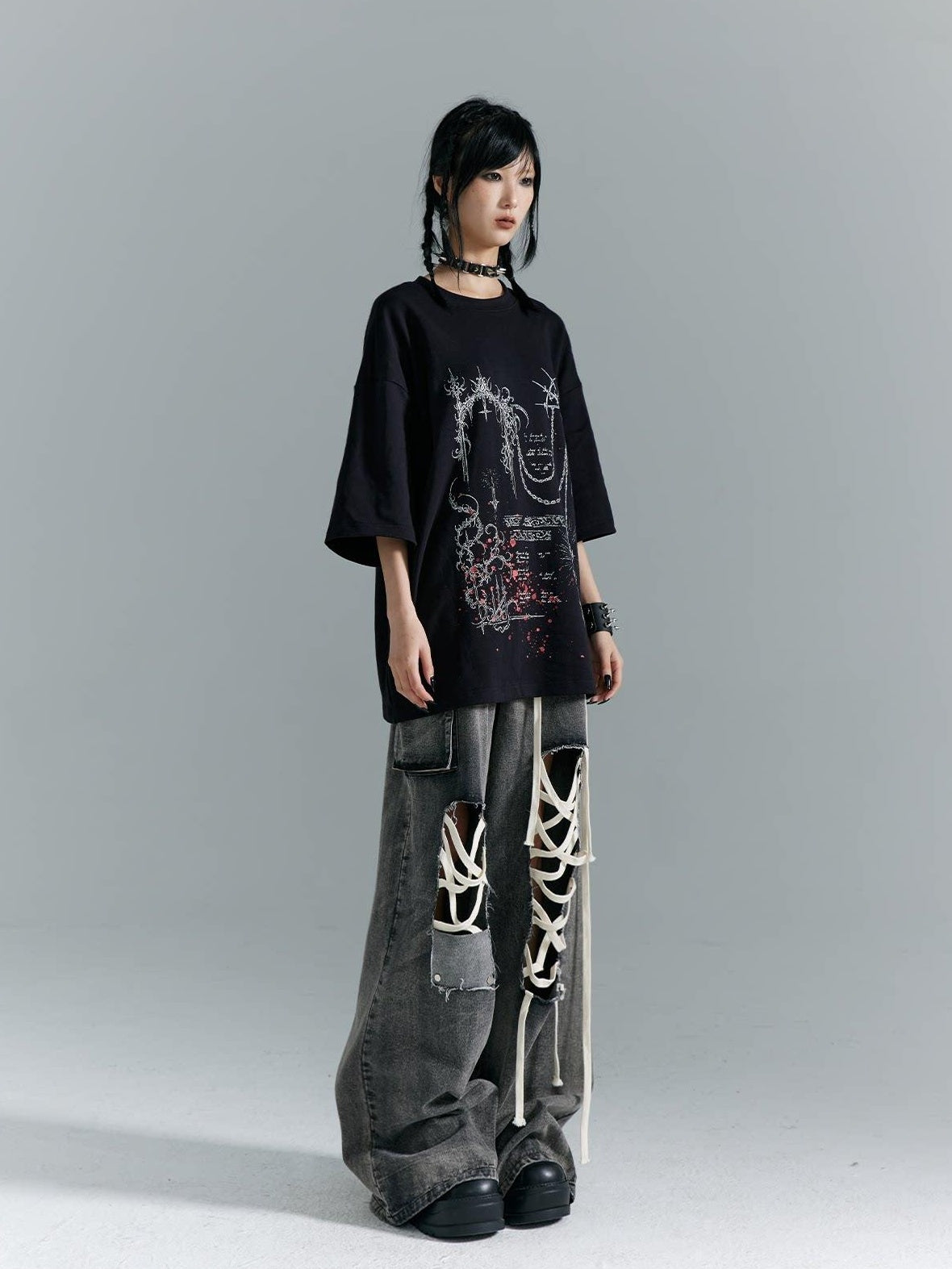 Frustration Garden Distressed Punk Low Rise Loose Fit Women Gray Denim Wide-Leg Jeans