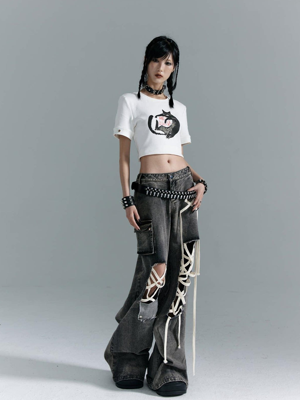 Frustration Garden Distressed Punk Low Rise Loose Fit Women Gray Denim Wide-Leg Jeans