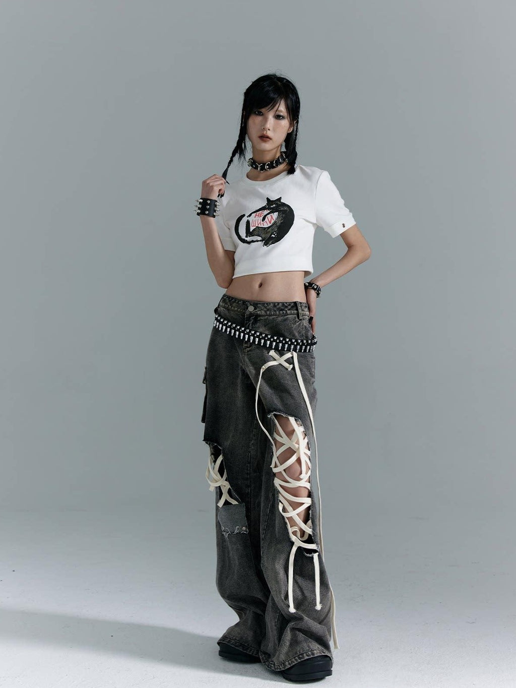 Frustration Garden Distressed Punk Low Rise Loose Fit Women Gray Denim Wide-Leg Jeans