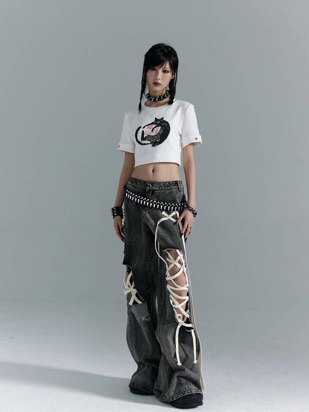 Frustration Garden Distressed Punk Low Rise Loose Fit Women Gray Denim Wide-Leg Jeans
