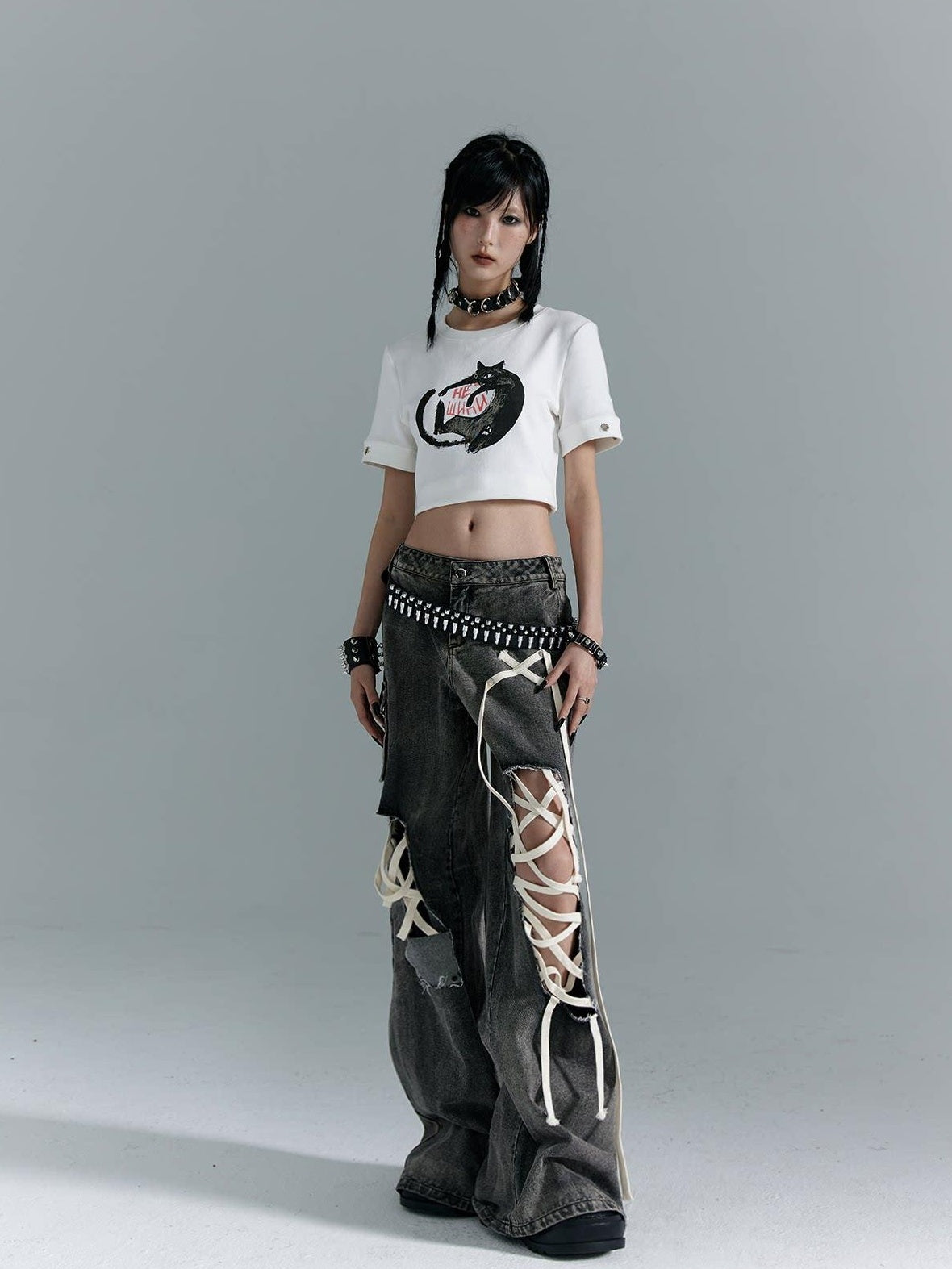 Frustration Garden Distressed Punk Low Rise Loose Fit Women Gray Denim Wide-Leg Jeans