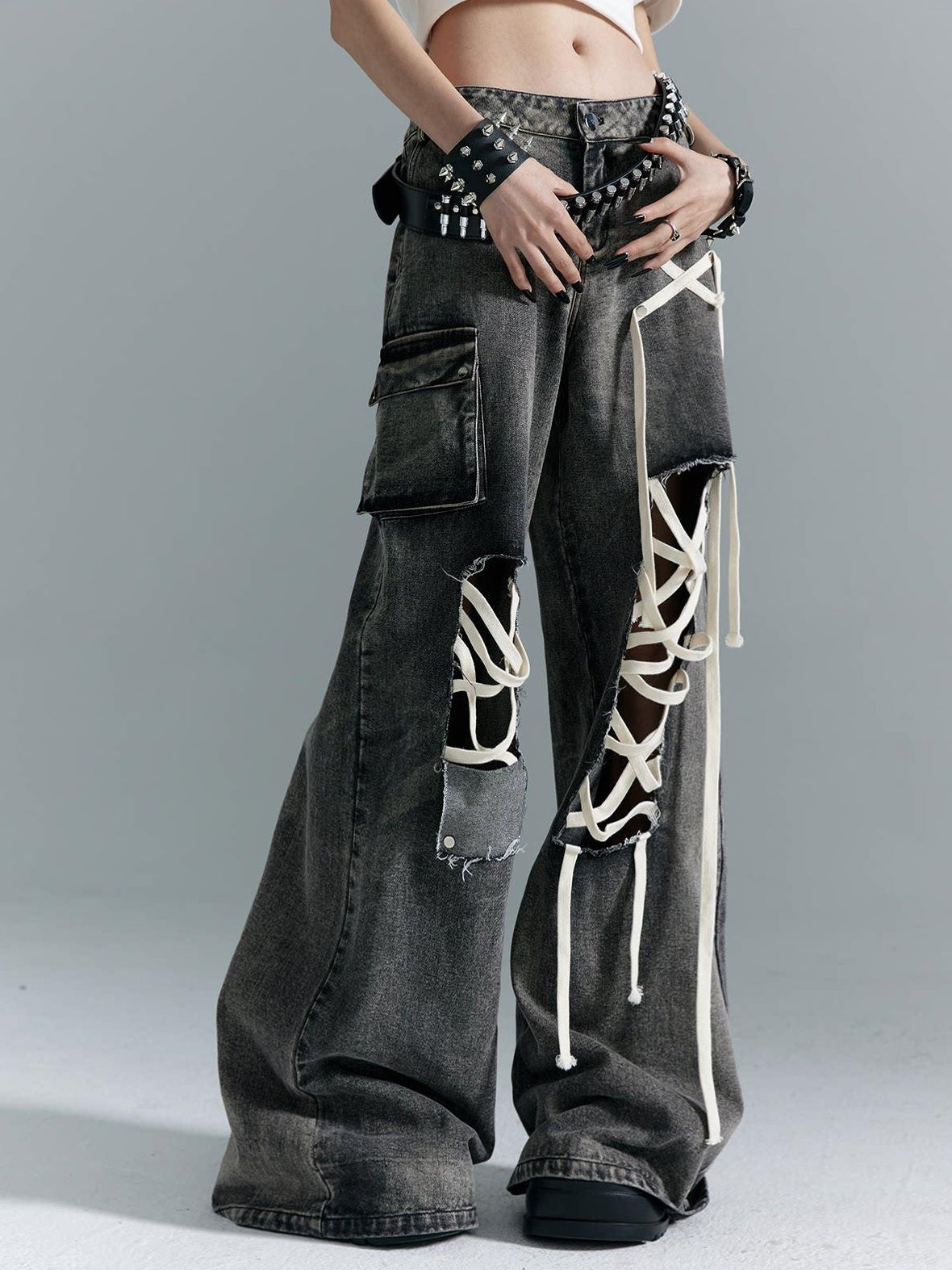 Frustration Garden Distressed Punk Low Rise Loose Fit Women Gray Denim Wide-Leg Jeans