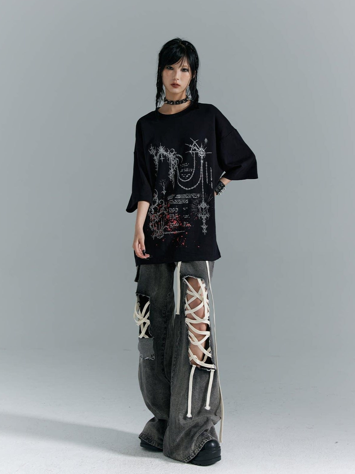 Frustration Garden Distressed Punk Low Rise Loose Fit Women Gray Denim Wide-Leg Jeans