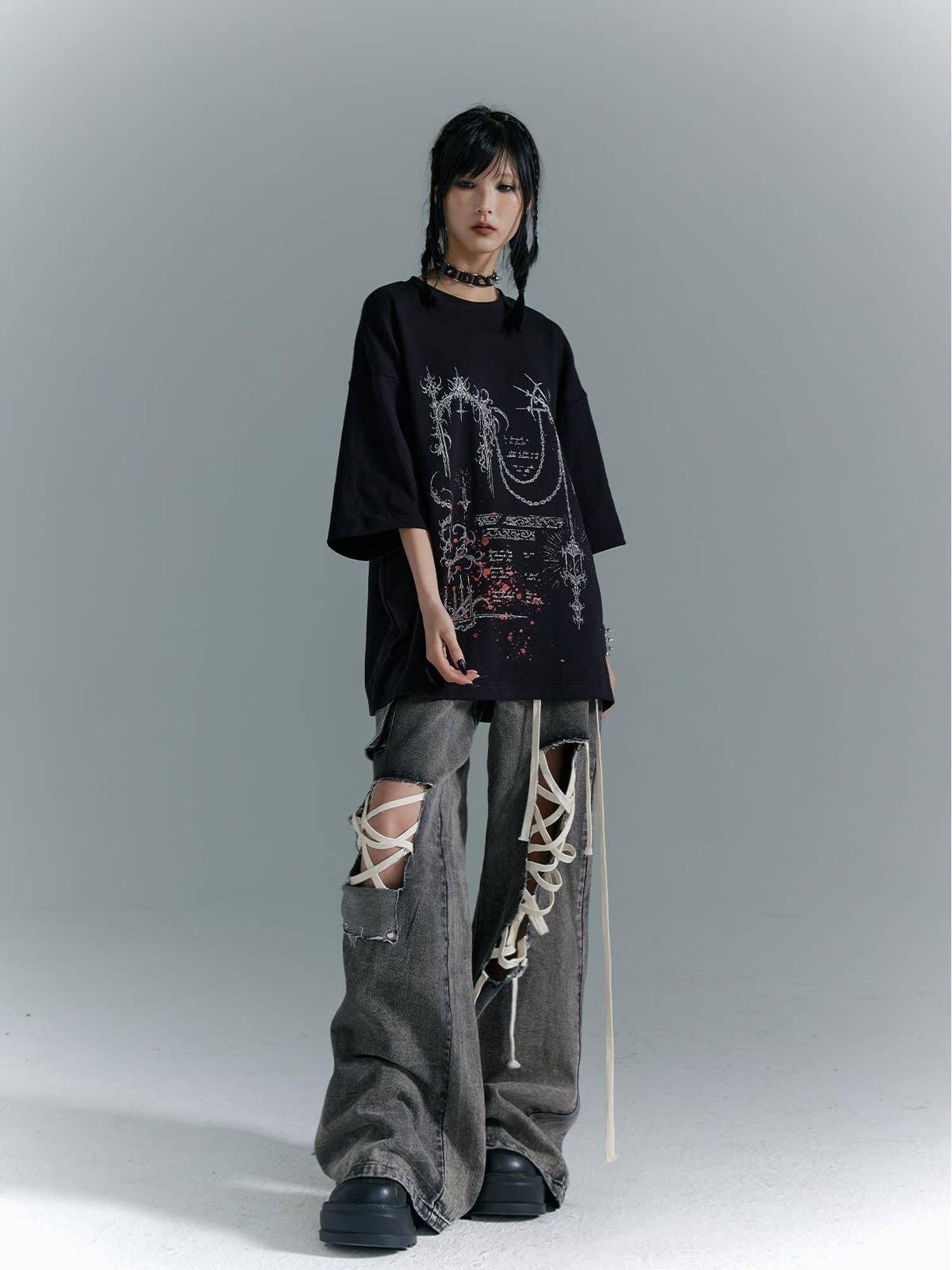 Frustration Garden Distressed Punk Low Rise Loose Fit Women Gray Denim Wide-Leg Jeans
