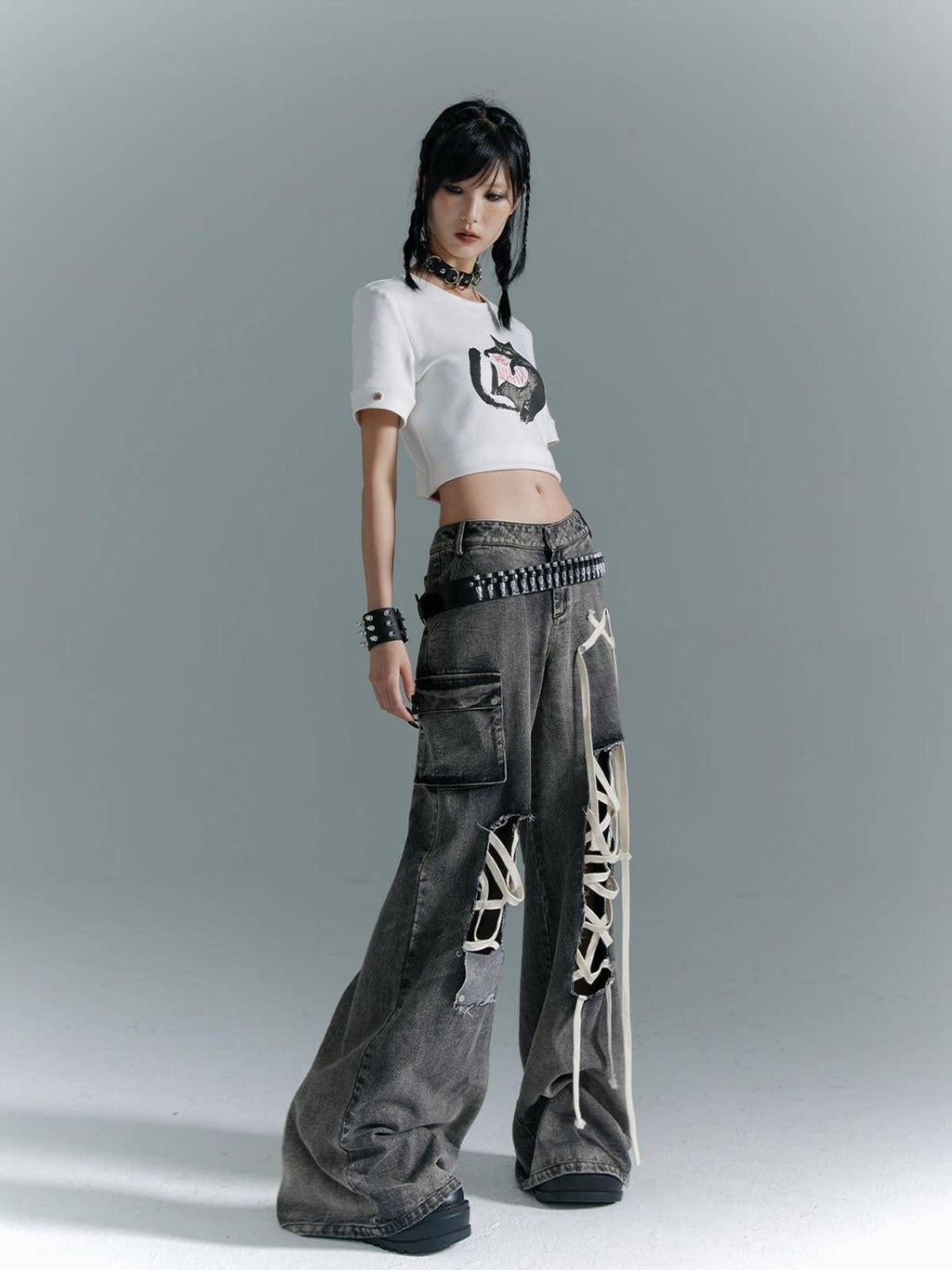 Frustration Garden Distressed Punk Low Rise Loose Fit Women Gray Denim Wide-Leg Jeans