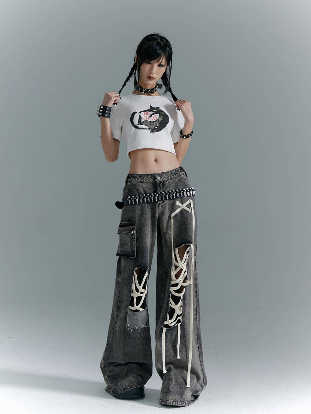 Frustration Garden Distressed Punk Low Rise Loose Fit Women Gray Denim Wide-Leg Jeans
