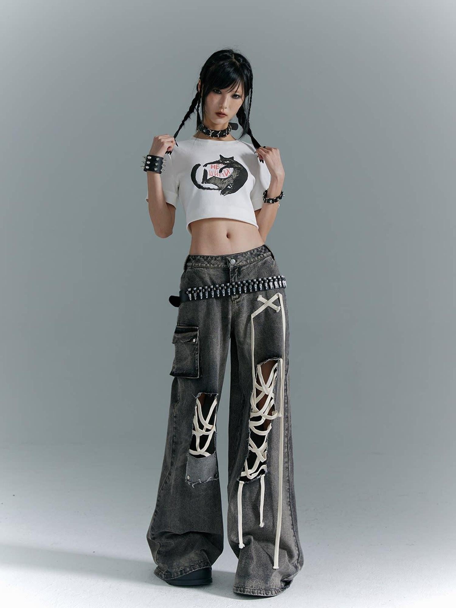 Frustration Garden Distressed Punk Low Rise Loose Fit Women Gray Denim Wide-Leg Jeans