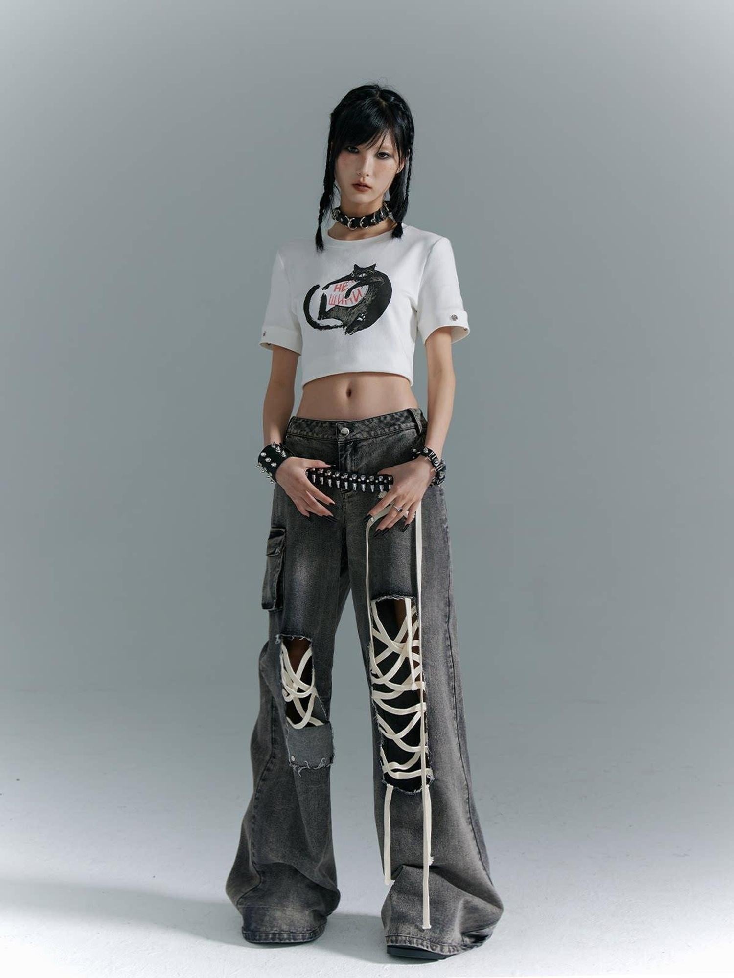 Frustration Garden Distressed Punk Low Rise Loose Fit Women Gray Denim Wide-Leg Jeans