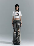 Frustration Garden Distressed Punk Low Rise Loose Fit Women Gray Denim Wide-Leg Jeans