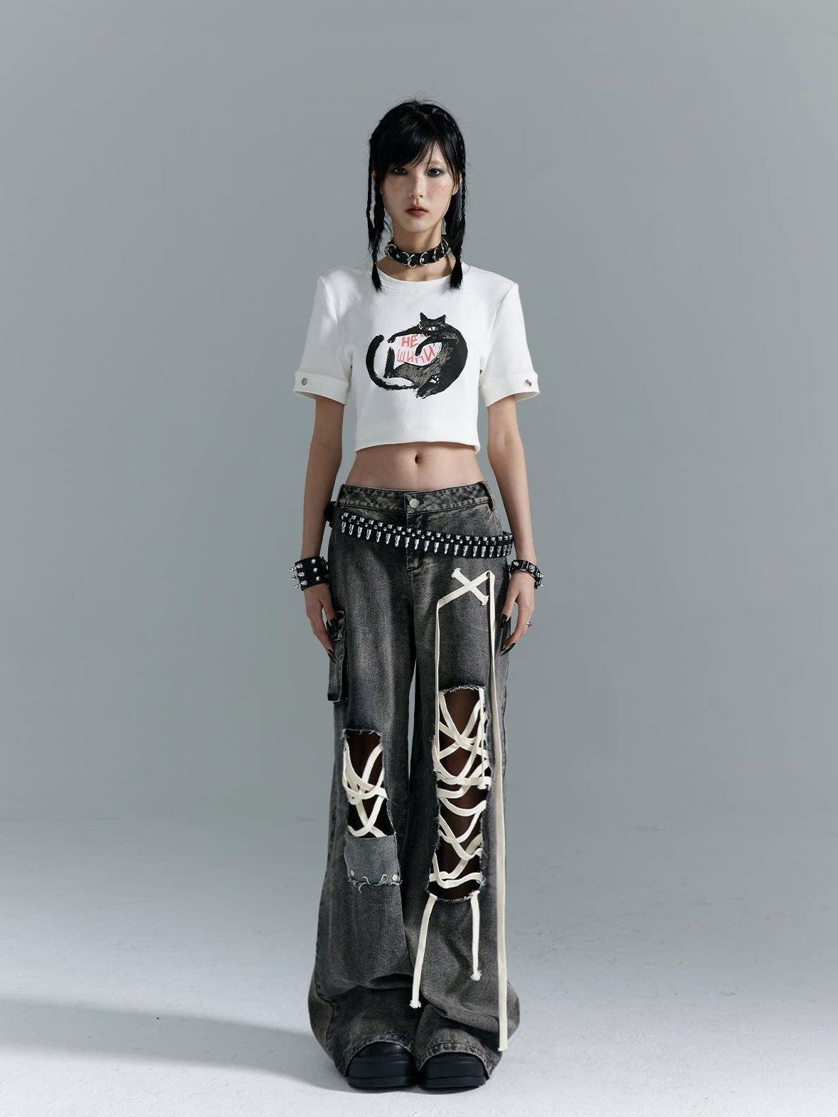Frustration Garden Distressed Punk Low Rise Loose Fit Women Gray Denim Wide-Leg Jeans