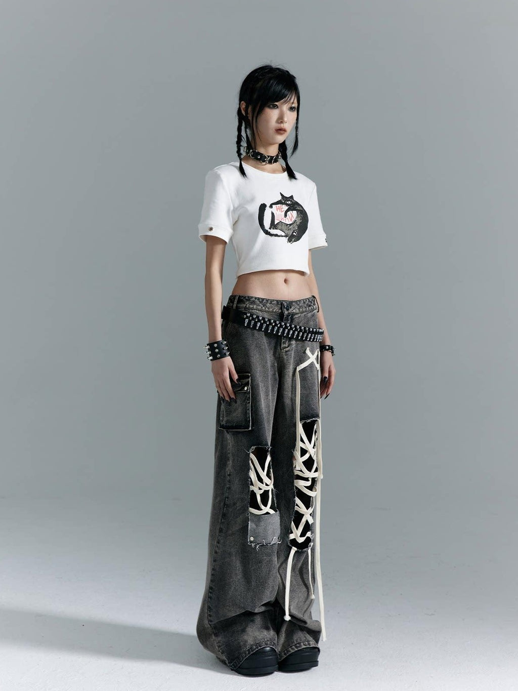 Frustration Garden Distressed Punk Low Rise Loose Fit Women Gray Denim Wide-Leg Jeans