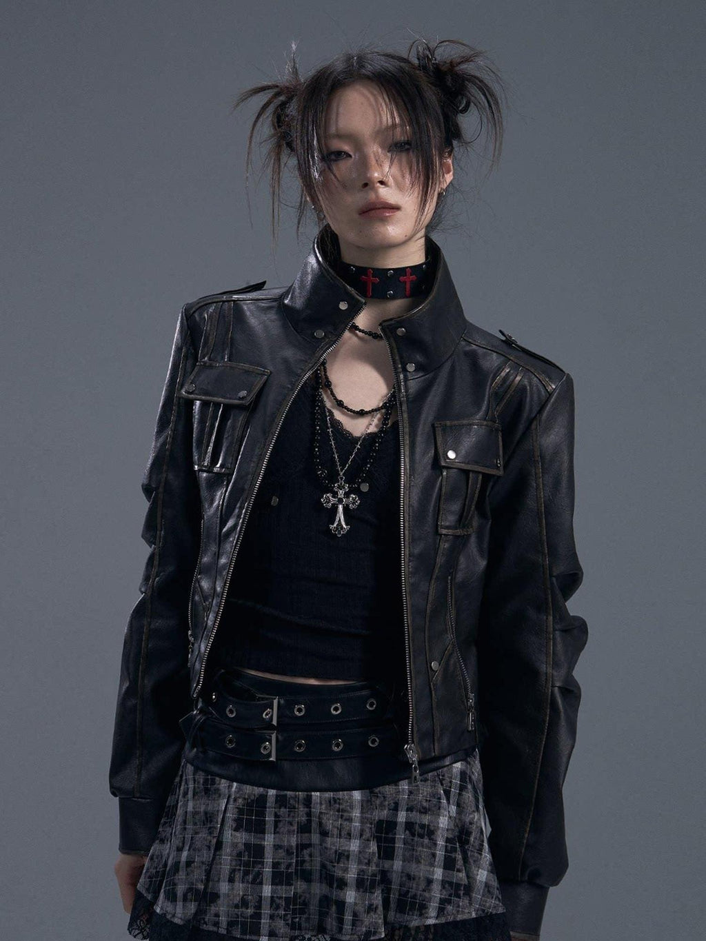 Frustration Garden Distressed Slim Fit Street Youth Stand Collar Zipper Black Pu Leather Jackets