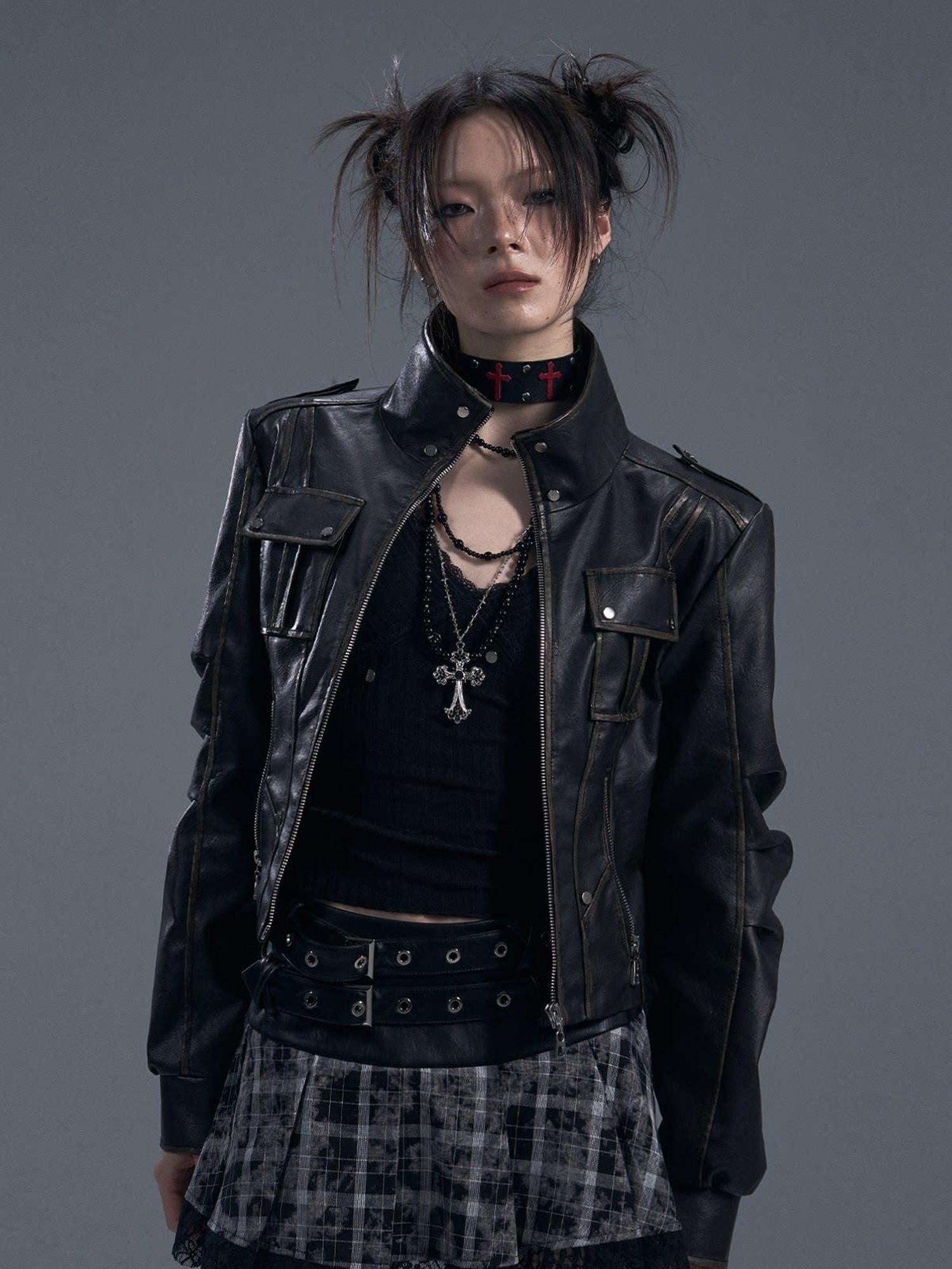 Frustration Garden Distressed Slim Fit Street Youth Stand Collar Zipper Black Pu Leather Jackets