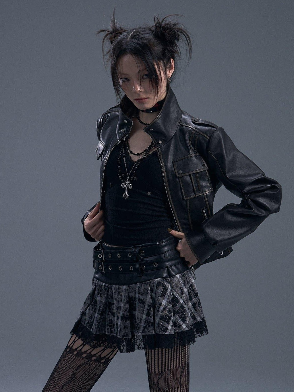 Frustration Garden Distressed Slim Fit Street Youth Stand Collar Zipper Black Pu Leather Jackets