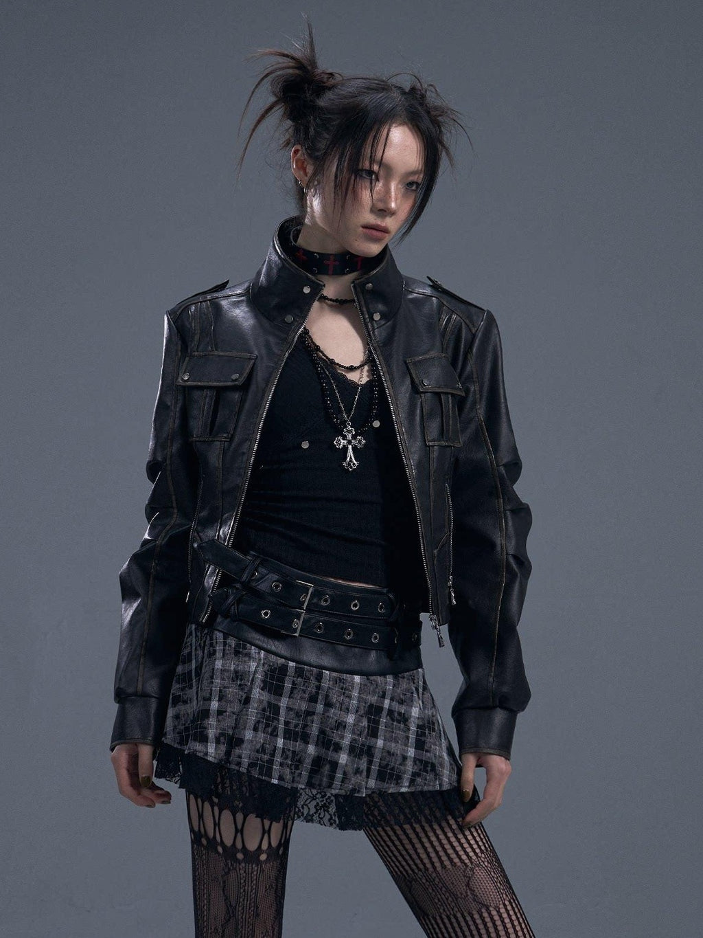 Frustration Garden Distressed Slim Fit Street Youth Stand Collar Zipper Black Pu Leather Jackets