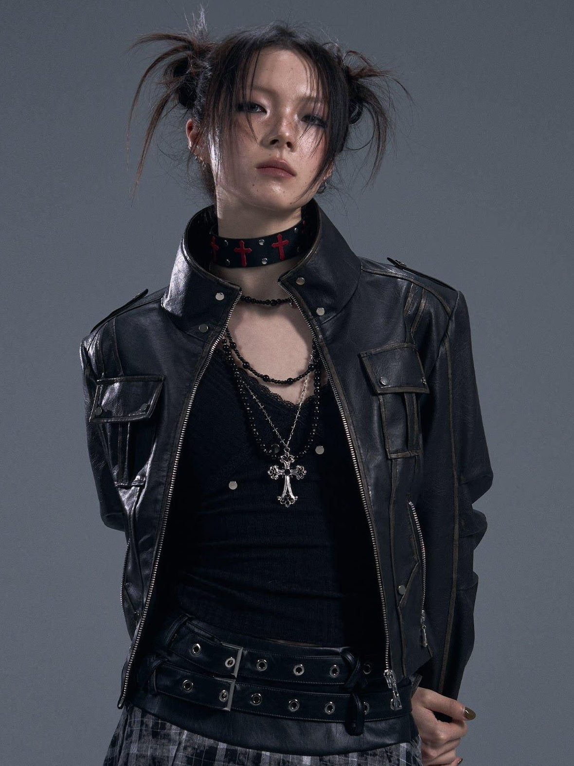 Frustration Garden Distressed Slim Fit Street Youth Stand Collar Zipper Black Pu Leather Jackets