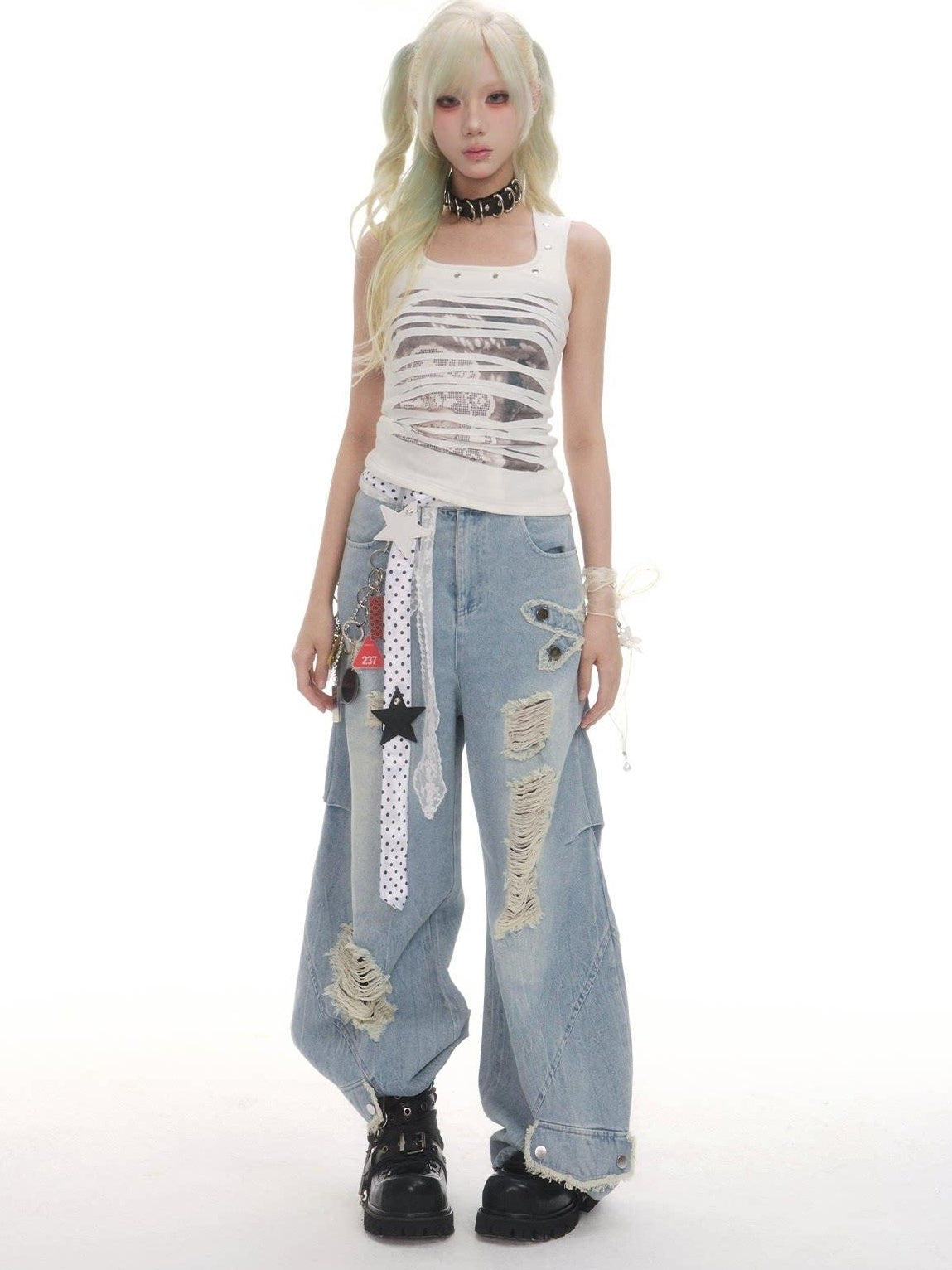 Frustration Garden Distressed Studded Animal Print Slim U Neck Cropped High Stretch Women Tank Tops