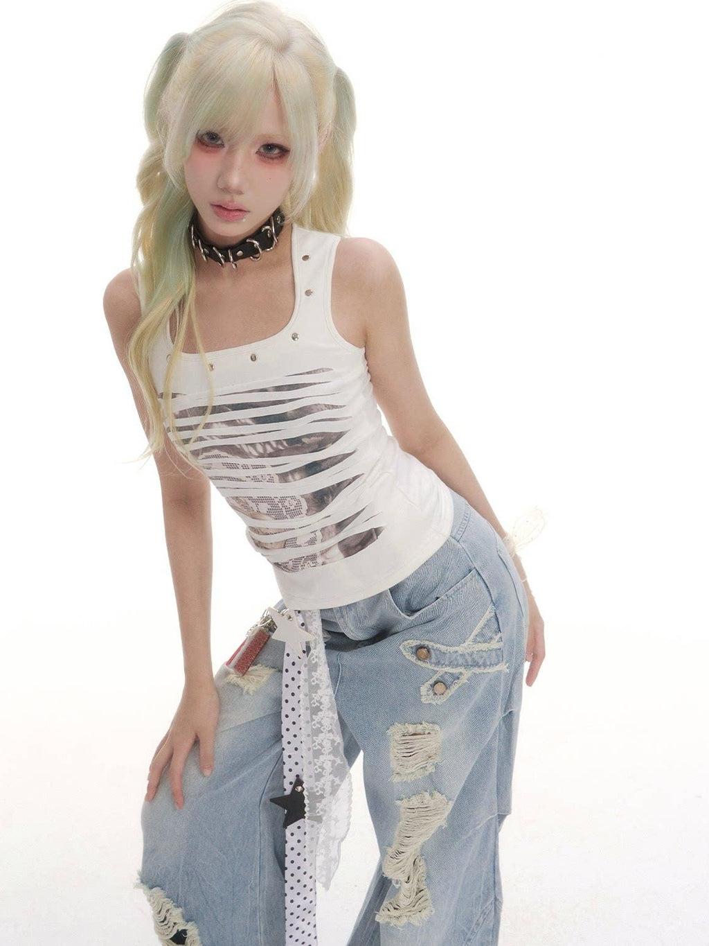 Frustration Garden Distressed Studded Animal Print Slim U Neck Cropped High Stretch Women Tank Tops
