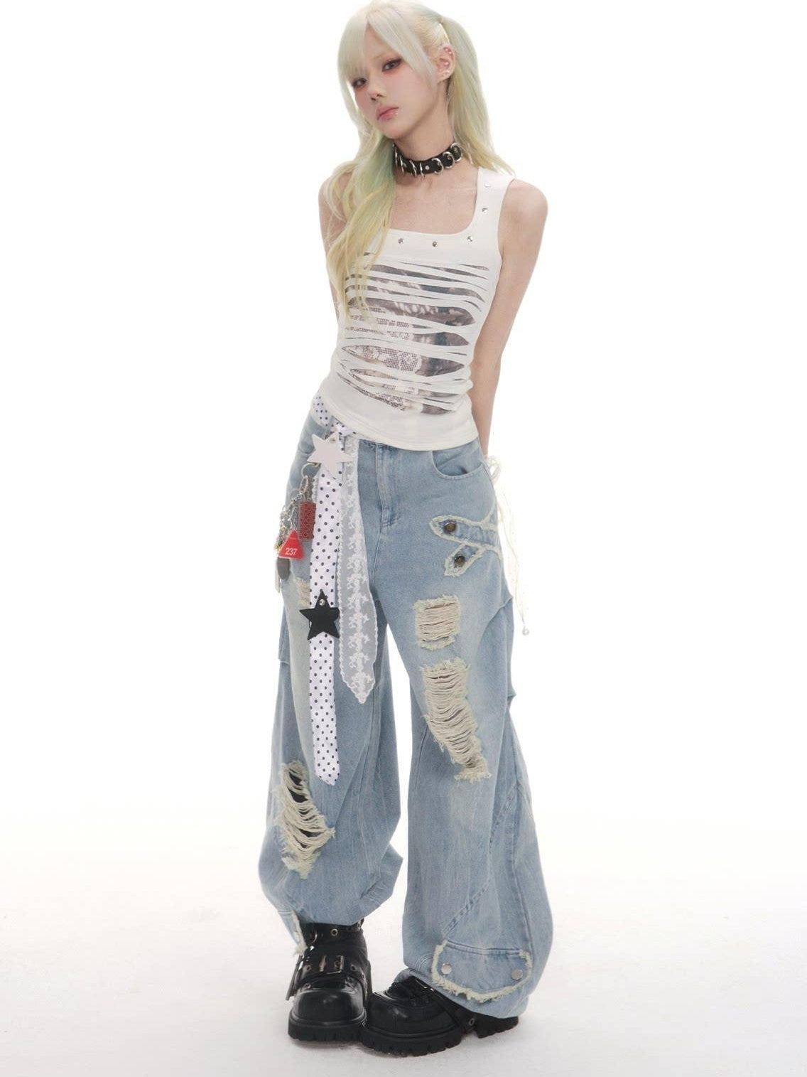 Frustration Garden Distressed Studded Animal Print Slim U Neck Cropped High Stretch Women Tank Tops