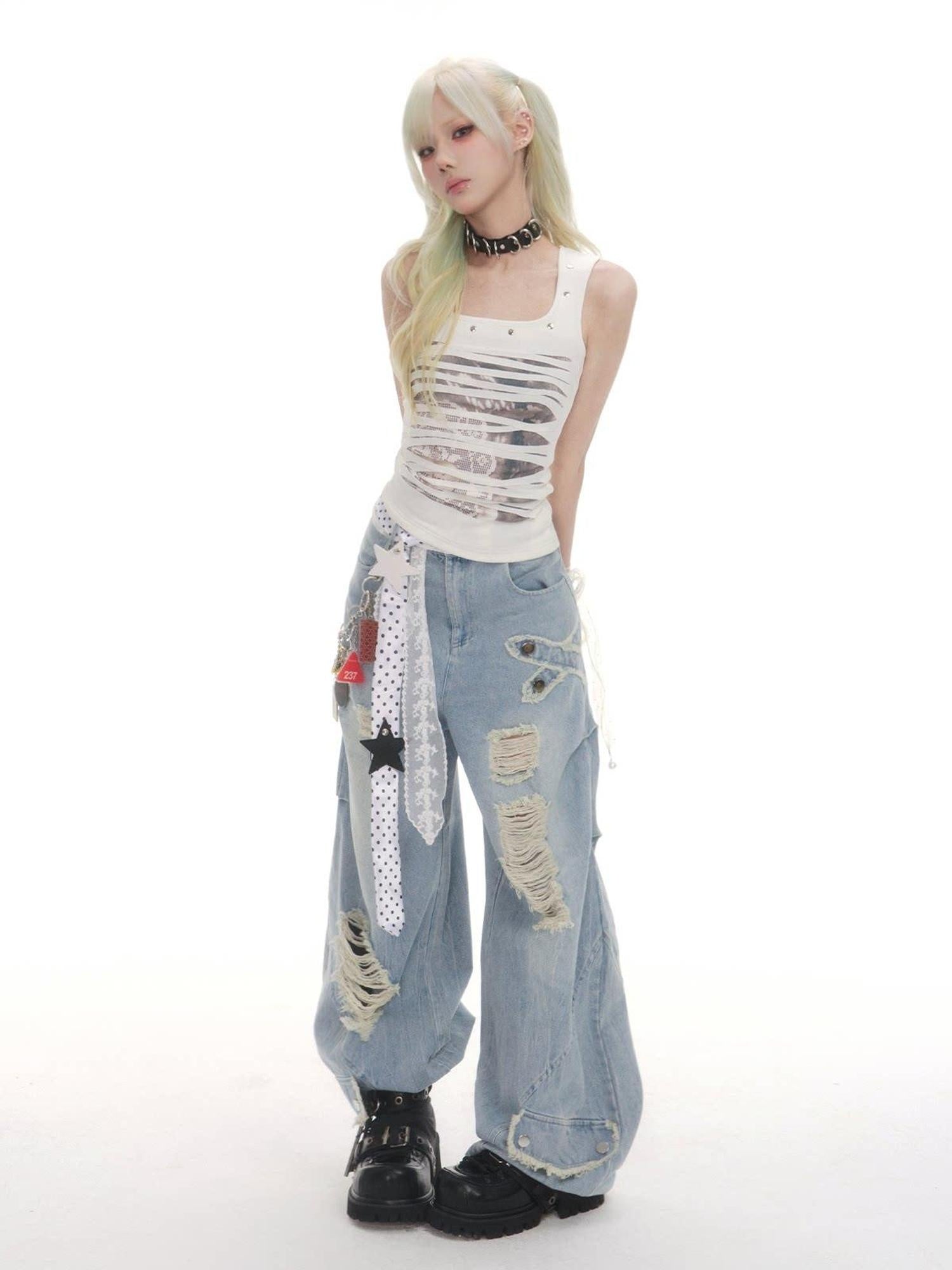 Frustration Garden Distressed Studded Animal Print Slim U Neck Cropped High Stretch Women Tank Tops
