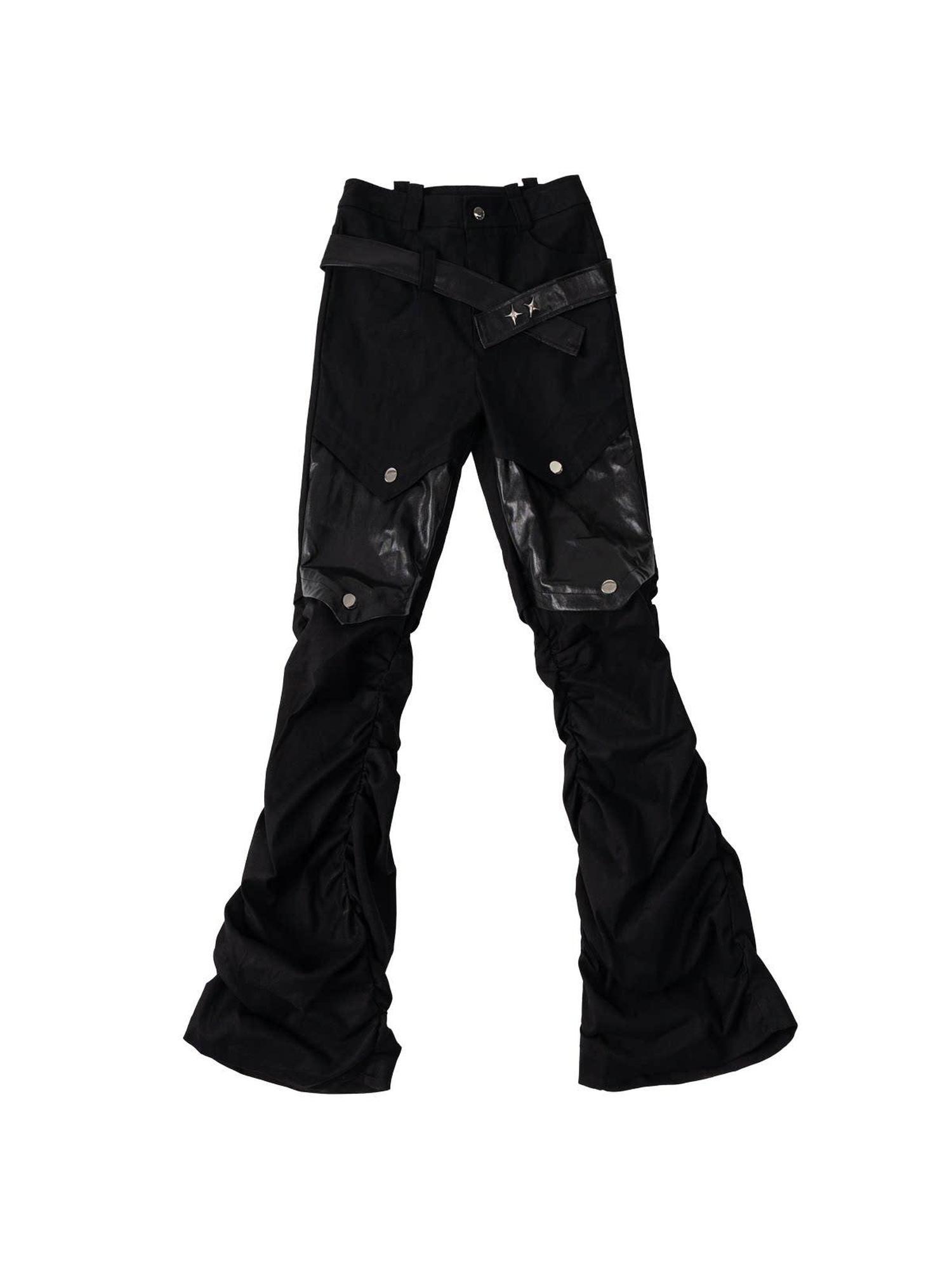 Frustration Garden Edgy Pleated Black Punk Natural Waist Women Cotton Denim Zip Fly Straight Jeans