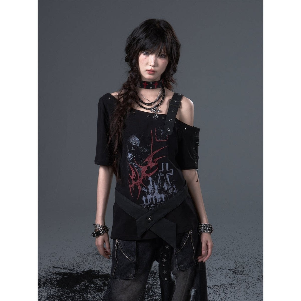 Frustration_Garden_Edgy_Punk_Street_Printed_Studded_Asymmetrical_Loose_Black_Short_Sleeve_T-Shirts_MISSTT