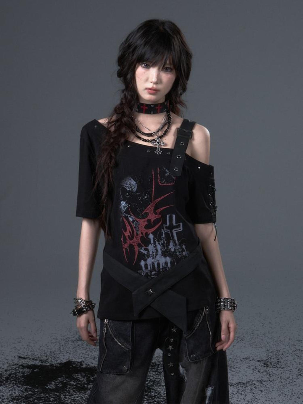 Frustration Garden Edgy Punk Street Printed Studded Asymmetrical Loose Black Short Sleeve T-Shirts