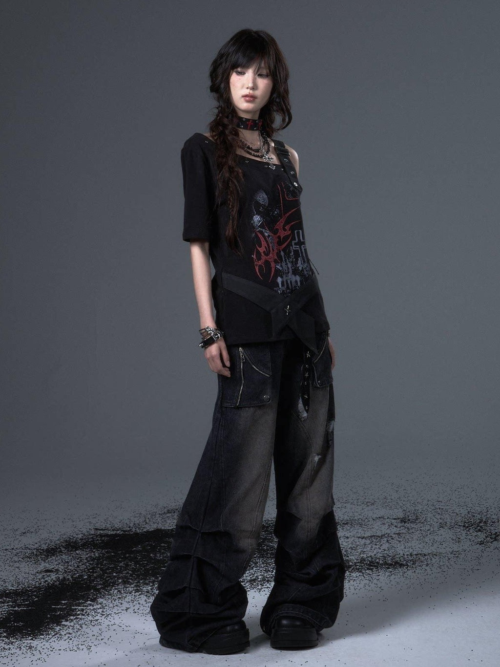 Frustration Garden Edgy Punk Street Printed Studded Asymmetrical Loose Black Short Sleeve T-Shirts